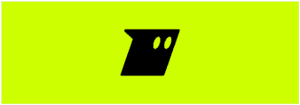 A black and yellow logo with two eyes.